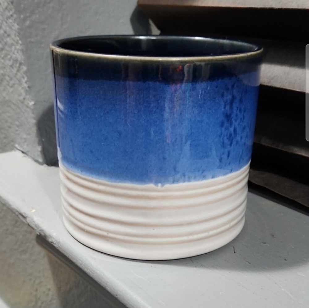 Food Safe Blue White Stripe Stoneware Mug Jar Canister Utensil Crock Holder Vase